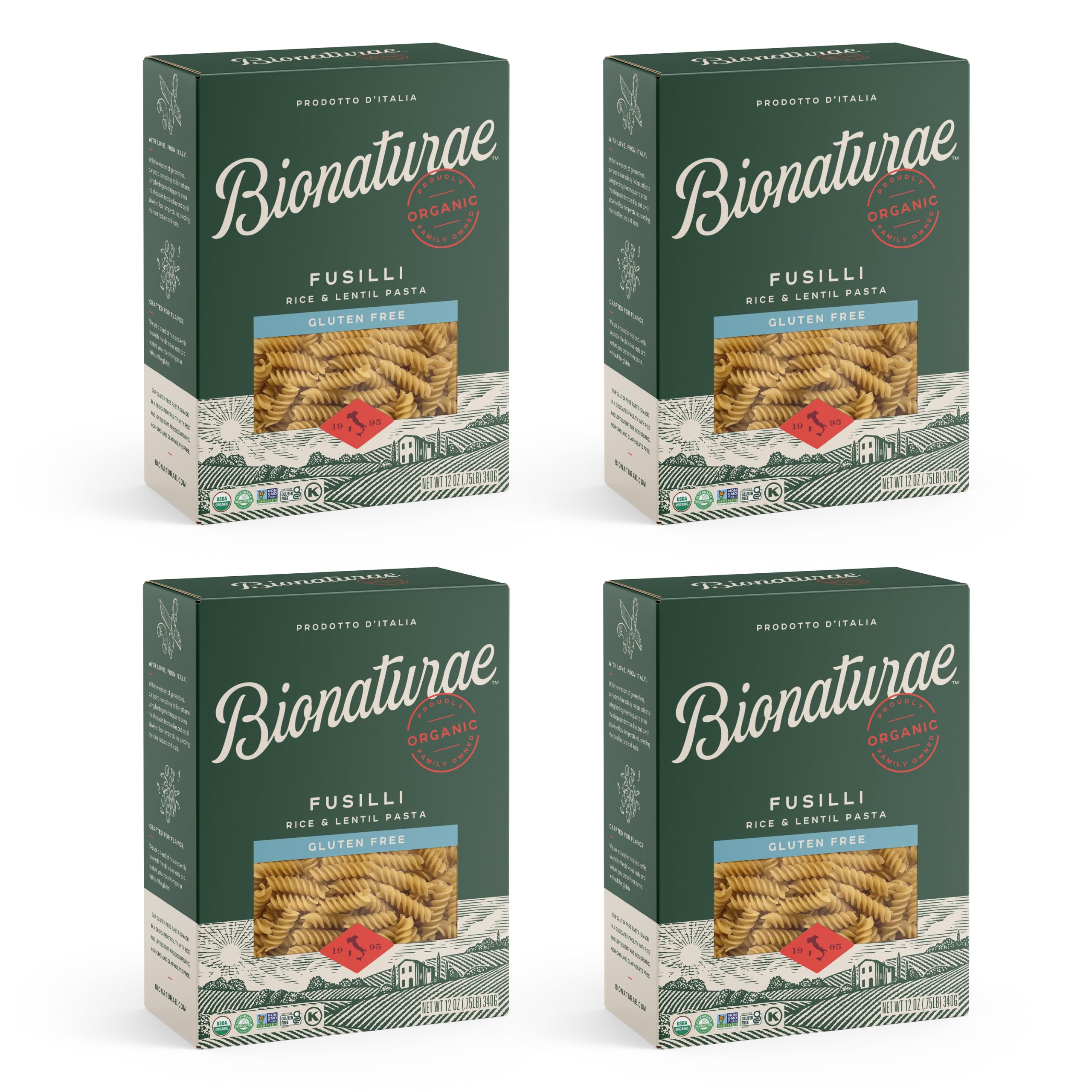 Bionaturae Fusilli Pasta Noodles - Gluten Free Pasta Organic, Rice & Lentil Pasta, Kosher Certified, High Protein, Non-GMO, Fusilli Pasta Organic, Crafted in Italy - 12 Oz, 4 PackUSDA Organic