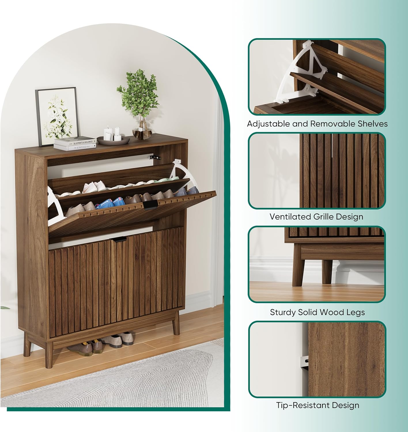 2 Flip Drawer Shoe Storage Cabinet, Wooden Shoe Organizer with Ventilated Slatted Doors for Entryway, Hallway, Living Room