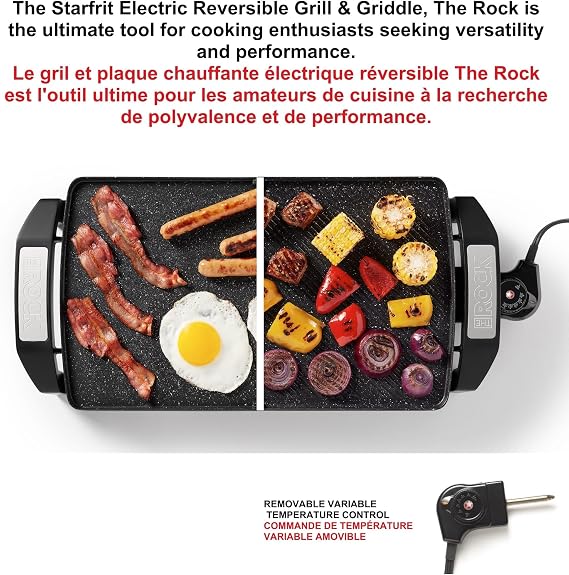 Starfrit The Rock Electric Reversible Grill & Griddle - Rock.Tec Non-Stick - Variable Temperature Control Cool-Touch Handles - 1500W - Black