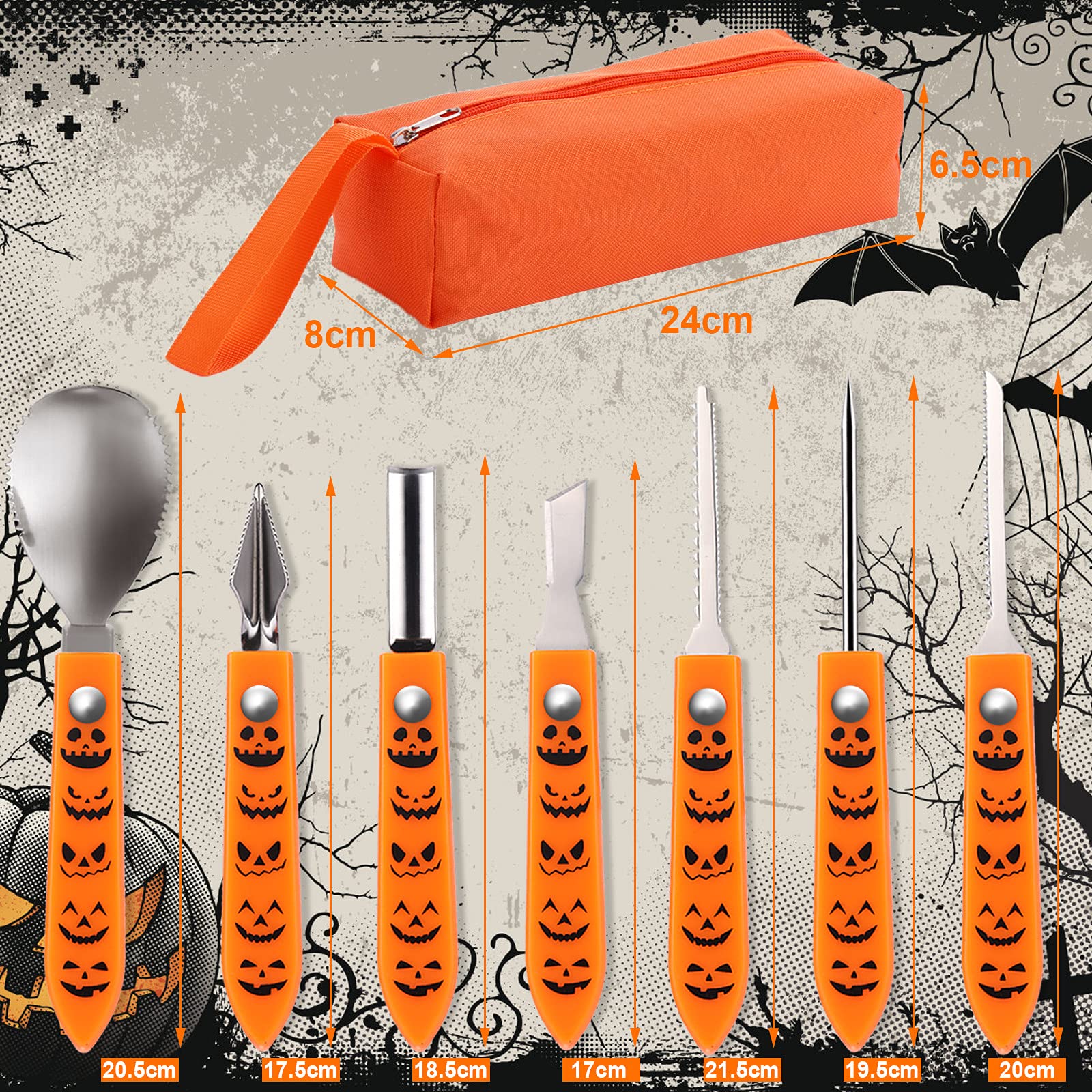 Kit di Intaglio della Zucca 7 Pezzi Set per Intagliare di Zucca Halloween con Stencil di Zucca, Strumenti Professionale per Intagliare di Zucca in Acciaio Inossidabile per Adulti e Bambini