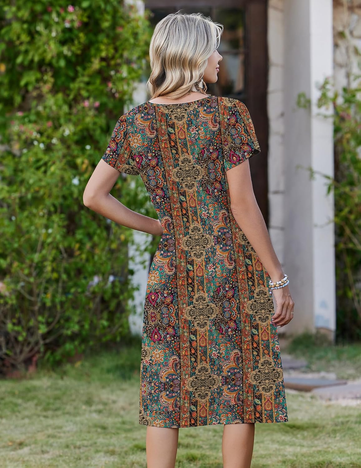 Zeagoo Women Midi Dresses for Summer 2026 Short Sleeve Casual Flowy Dress A Line Pleated V Neck Beach Sundress with Pockets - Image 6