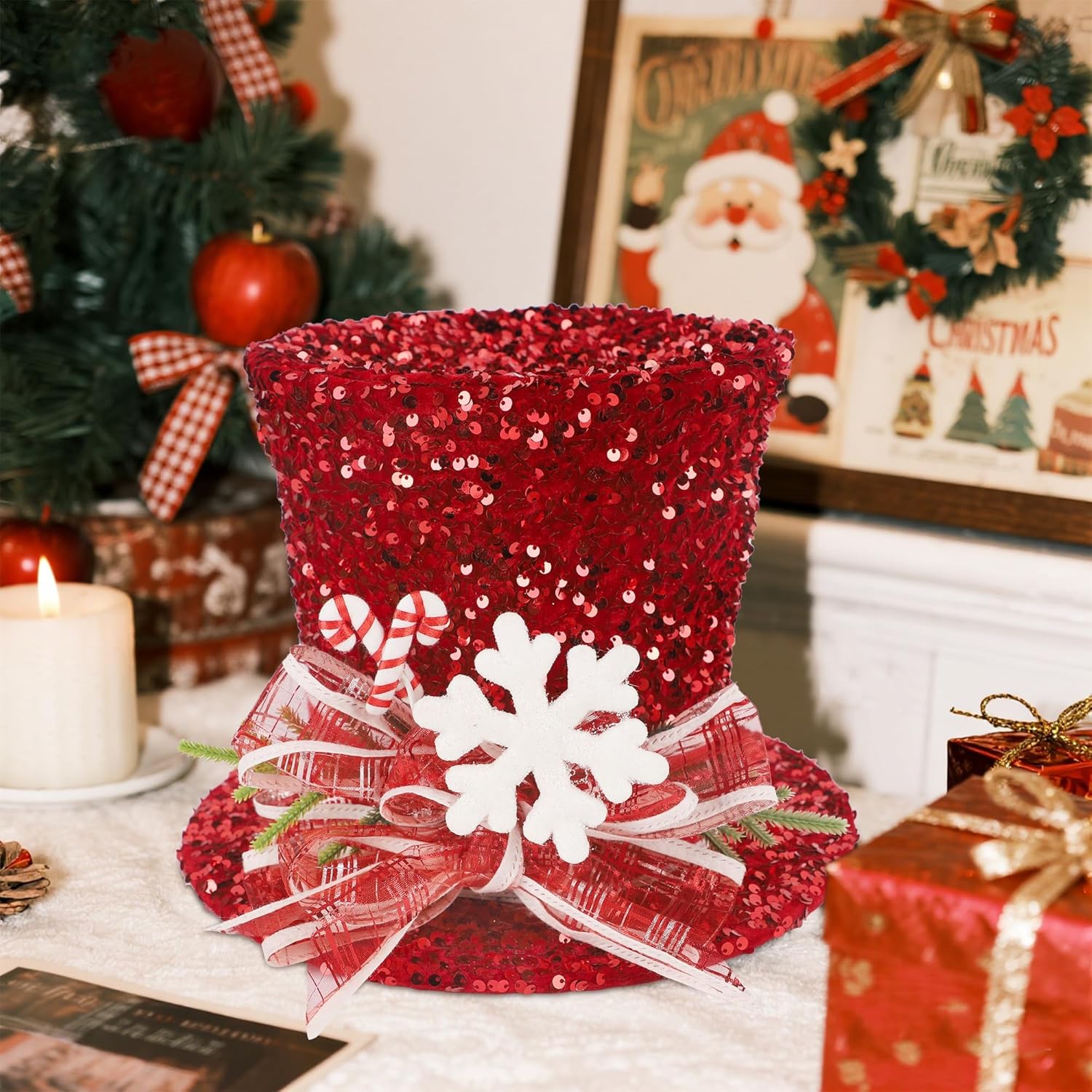 Prsildan Christmas Tree Topper Hat, Large Red Sequins Top Hat with Bow Ribbon and Snowflake, Christmas Decorations for Xmas Tree Snowman, Desktop Ornaments Holiday Home Decor