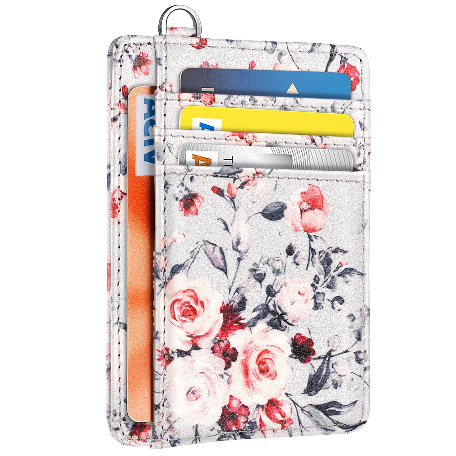 Coco Rossi Slim Front Pocket Wallet RFID ID Card Holder Cute Small Wallet with Keychian for Women,Grey Flowers