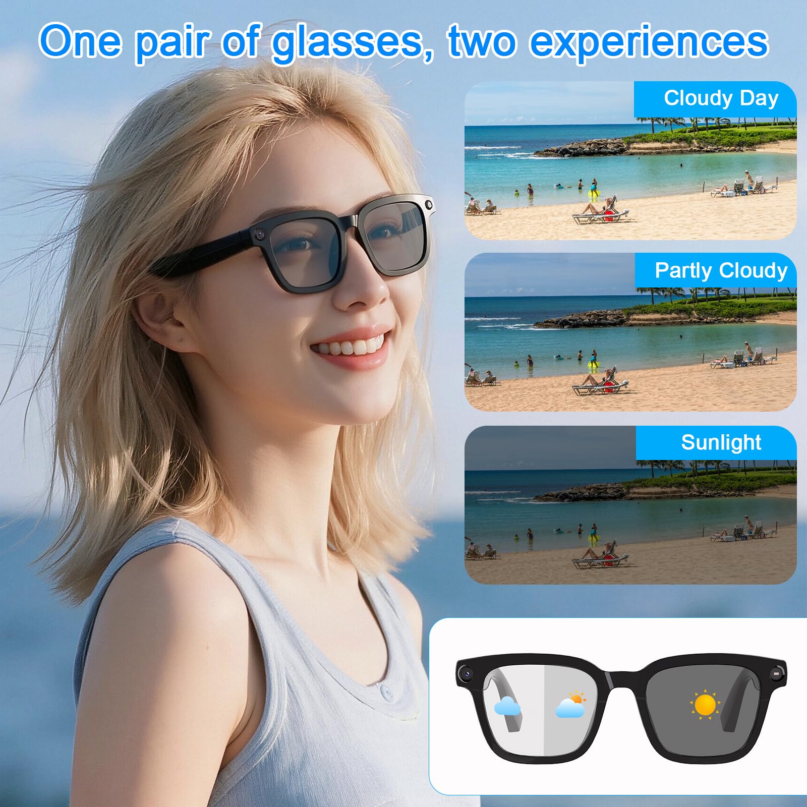 GenXenon Gafas con Cámara, Cámara 8 MP 1200P, Gafas IA con Puerto de Carga USB-C, Doble Micrófono Abierto, Admite Foto, Video y Audio, Reconocimiento de Objetos por IA, Lentes Fotocromáticas