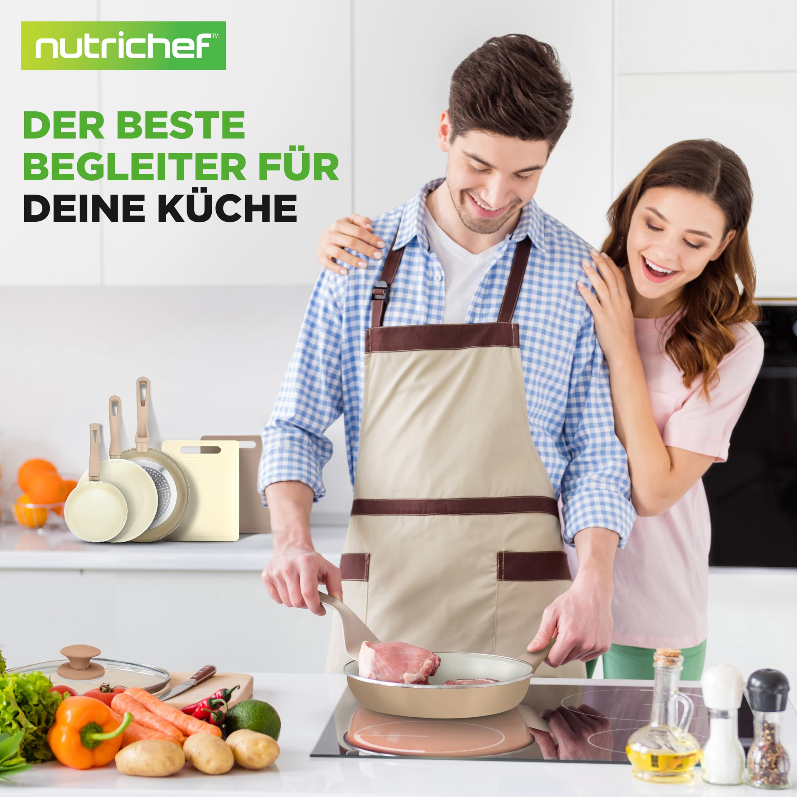 NutriChef Set mit 75 Antihaft-Pfannen und -Töpfen, Komplettes Set aus Keramik-Küchenutensilien mit Backzubehör, Messer-Set und Zubehör, fleckenbeständig, lebensmittelsicher, Creme/Braun