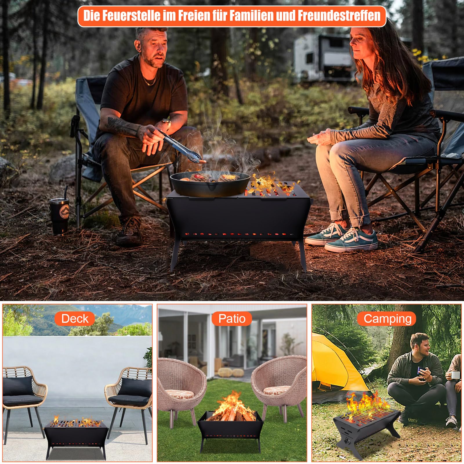 GFTIME Premium Outdoor Feuerstelle Tragbare, klappbare Feuerstelle mit Kohlerost für Camping, Terrasse & Garten, inklusive Tragetasche & Handschuhe (46 x 32cm)