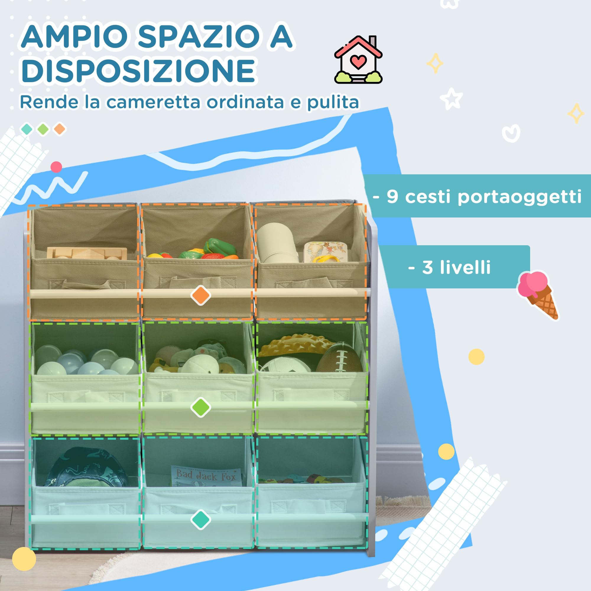 ZONEKIZ Set per Bambini 3-6 Anni con Lettino 143x76x49 cm, Mobile Portagiochi 63x30x60 cm e Cassapanca 60x30x50 cm, Grigio