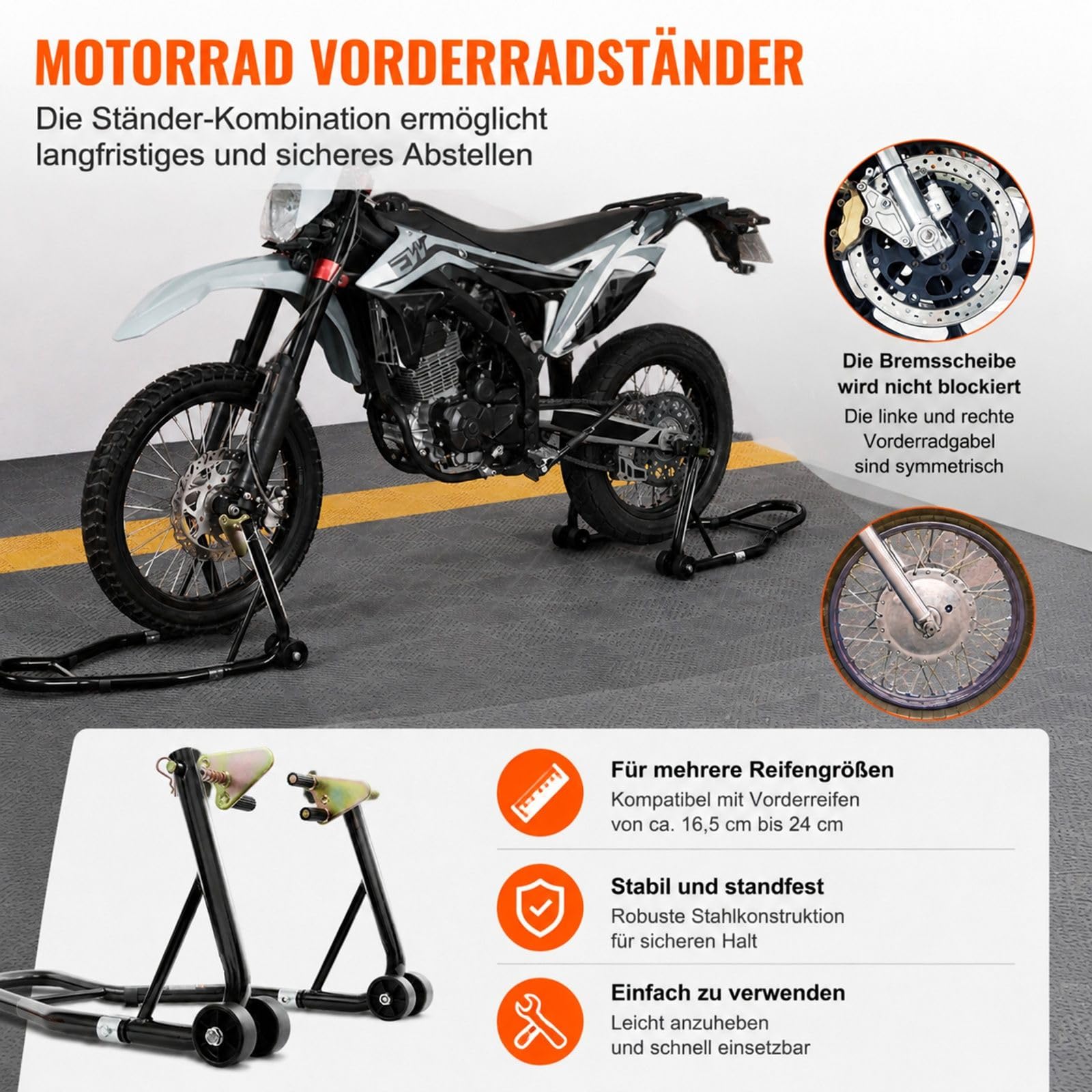 Motorrad Montageständer Set für Vorder- und Hinterrad aus Stahl mit verstellbaren Armen, U- und L-Aufnahmen für Reparatur, Wartung und Lagerung zu Hause