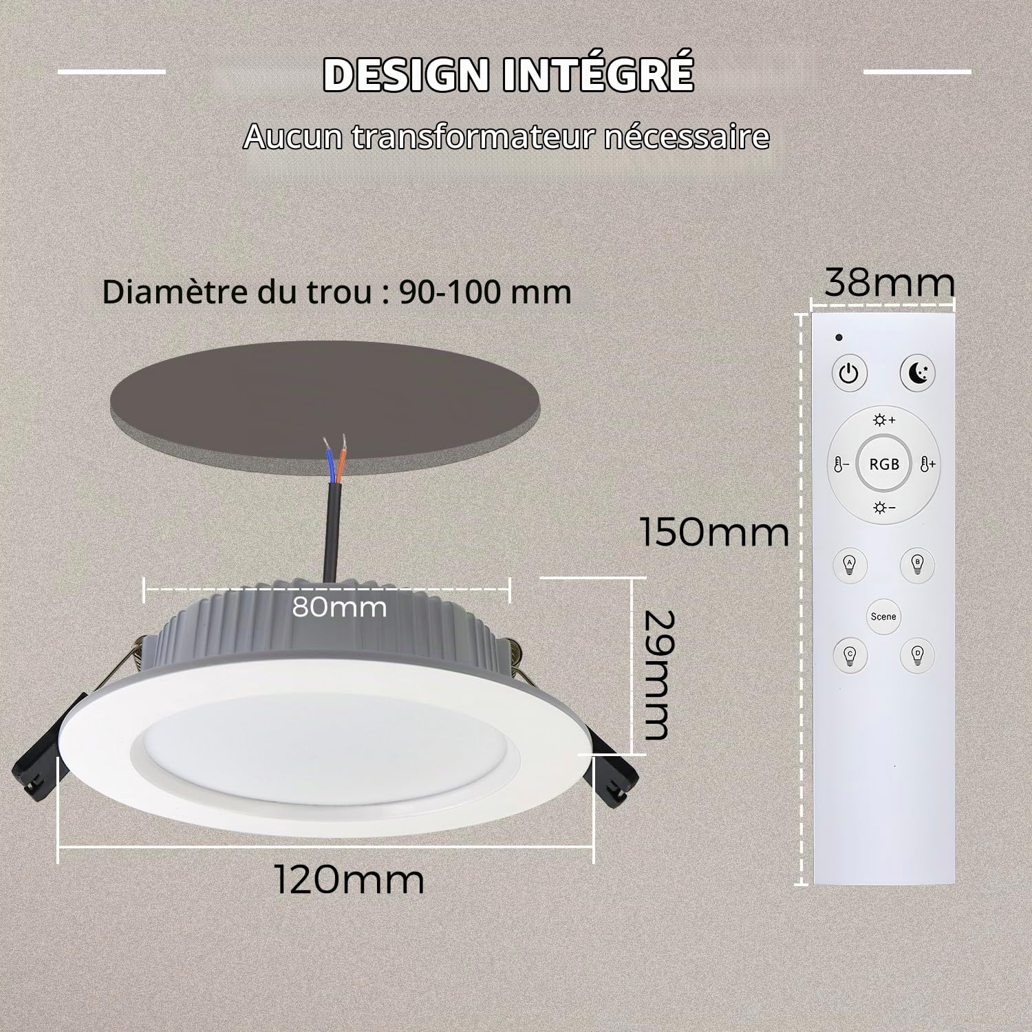 6x Spot LED encastrable 220V 10W, RGB+2700k Dimmable, Φ90-100 mm, Alu
