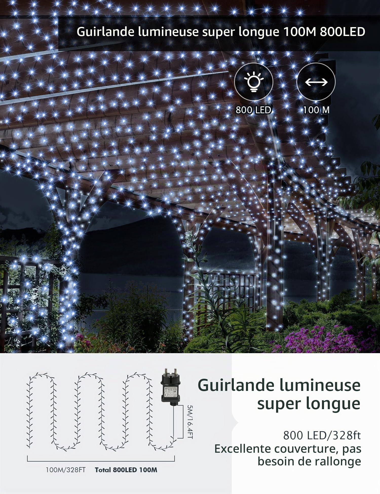 GYLEFY 100M Guirlande Lumineuse Extérieure, 800 LED, Blanc Froid | Lumières de Noël, 8 Modes d'Éclairage, Étanche, Timer & Mémoire, Décoration pour Arbre, Mariage, Anniversaire, Chambre