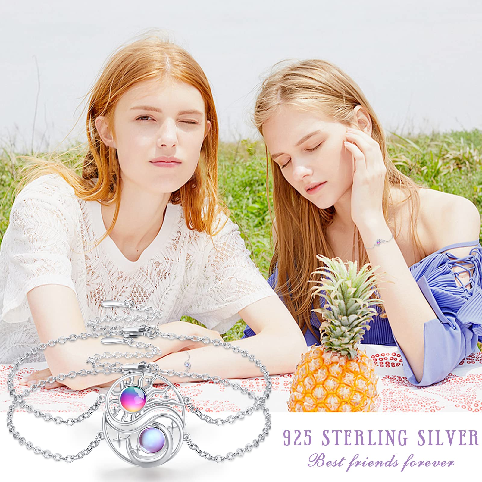 2 Stücke Bff Armband Mond Sonne 925 Sterling Silber Schwestern Armband Runden Kristallen Mondstein Sonne Mond Freundschaftsarmband Bff Schmuck für 2