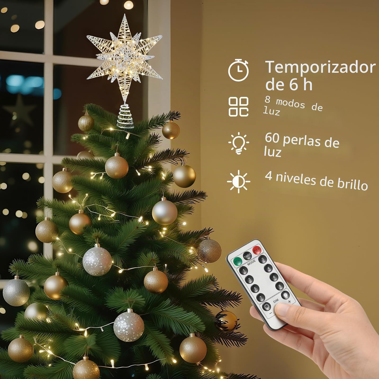 Lewondr Estrella para Copa del Árbol, 28CM Adorno para Árbol de Navidad con 8 Modos de Luces por USB con Mando a Distancia & Temporizador, Decoración Navideña del Hogar, Luz Cálida, Plata Blanco