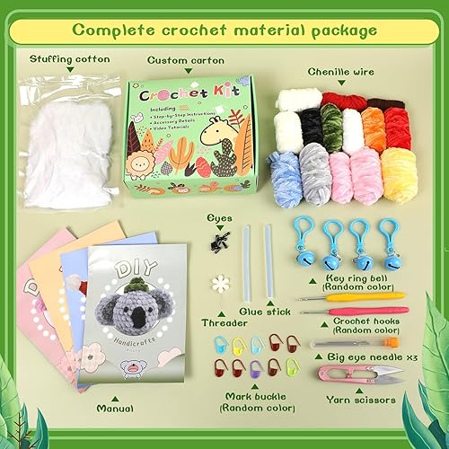 Miniatura 2 de UzecPk Kit de ganchillo para principiantes, 4 patrones de animales  conejo, koala, pingüino, pollito, kit de ganchillo para principiantes para