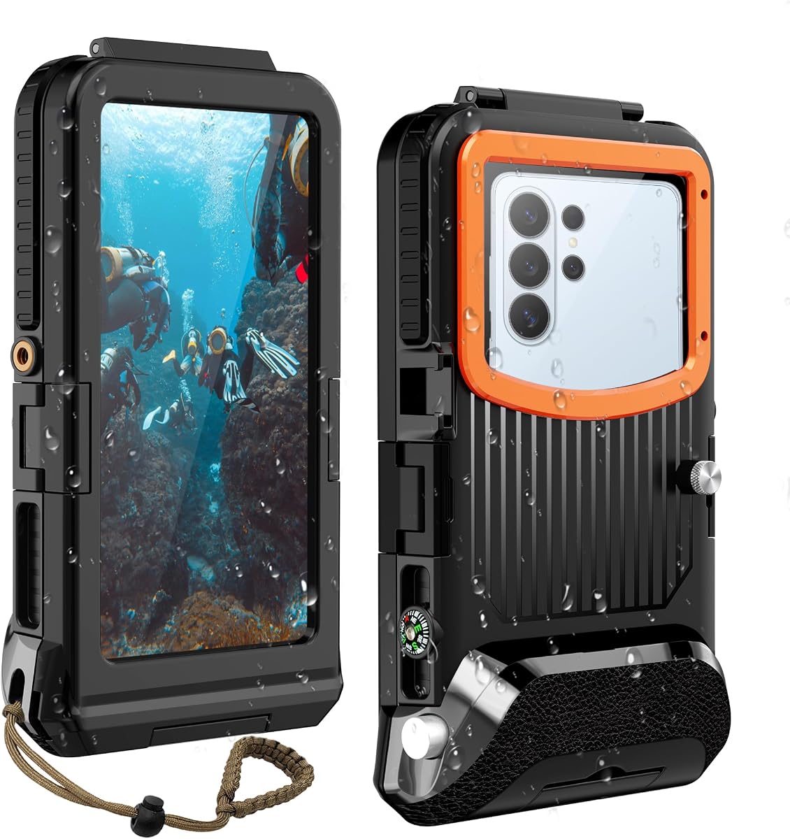 ShellBox Case 2026 IP68 Diving Phone Case, 50FT 1H Underwater Photography for Samsung Galaxy S26/S25/S24/S23 Ultra/Plus, Fit 5.4"-6.9" Right Volume Button Phones, Air Vent Sensitive Touch,Black&Orange