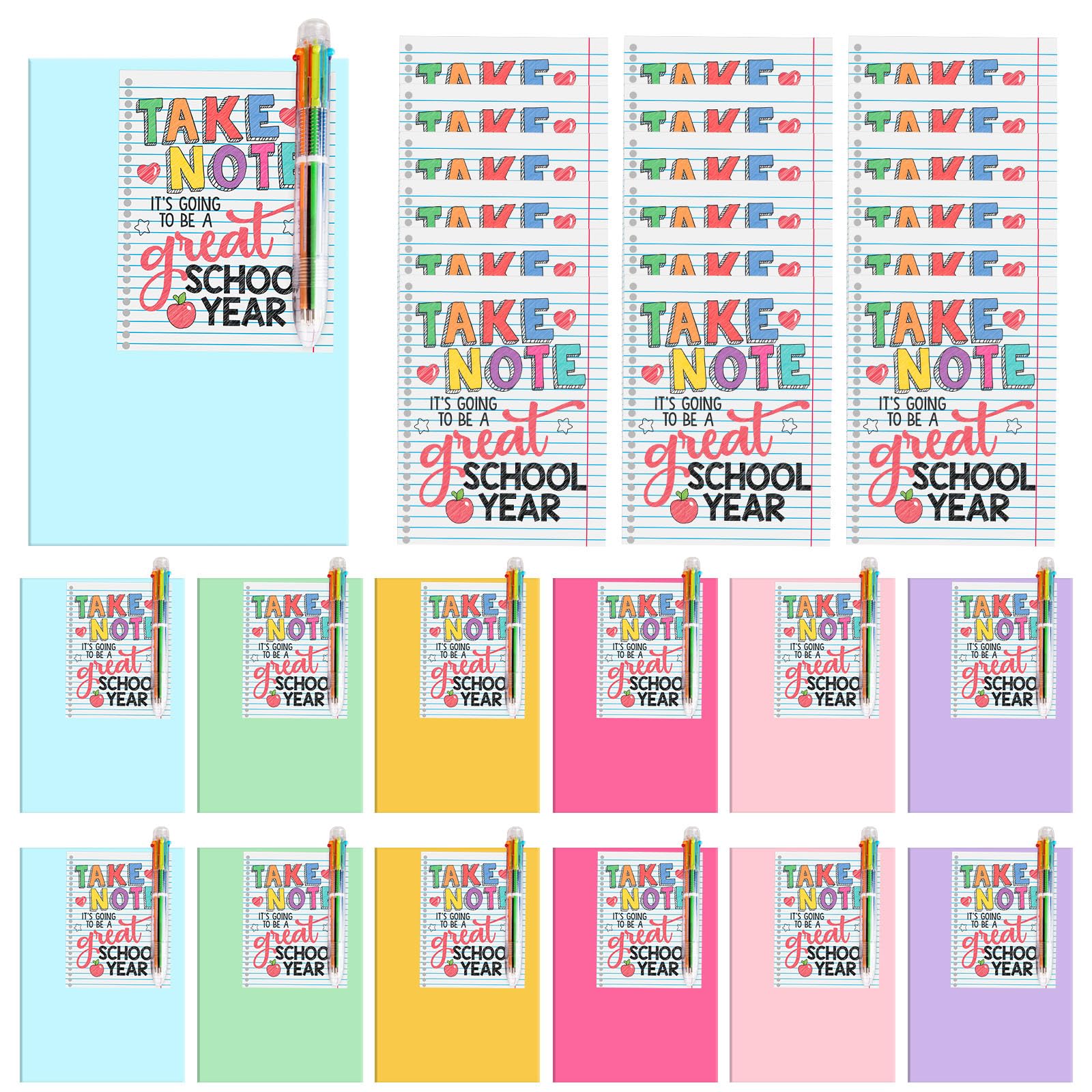 Set di 24 penne a sfera colorate 6 in 1 per il rientro a scuola, penne a sfera retrattili multicolore, diari con biglietti ispiratori per il primo giorno, studenti, classe, premio scolastico e ufficio