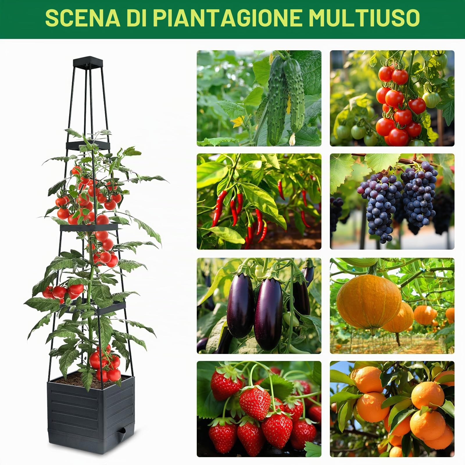 MYMULIKE Confezione da 2 vasi da giardino rialzati con traliccio, 147 cm, gabbia per pomodori, vaso da giardino rialzato con traliccio per piante rampicanti, gabbia per pomodori con auto-irrigazione