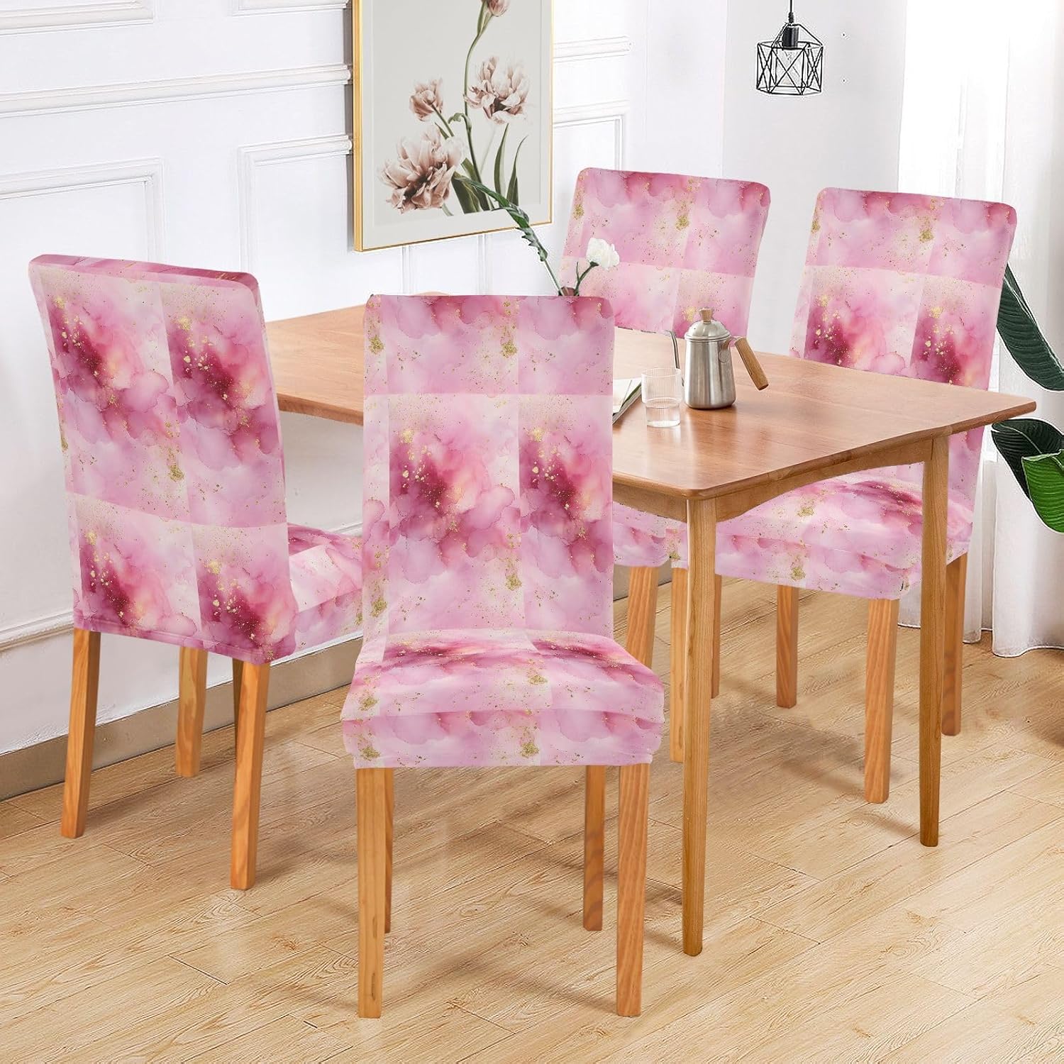 ALAZA Chair Covers for Dining Room, Pink Marble Ink Wash Stretch Chair Cover Sets Chair Protector Removable Washable for Ktichen Restaurant Hotel