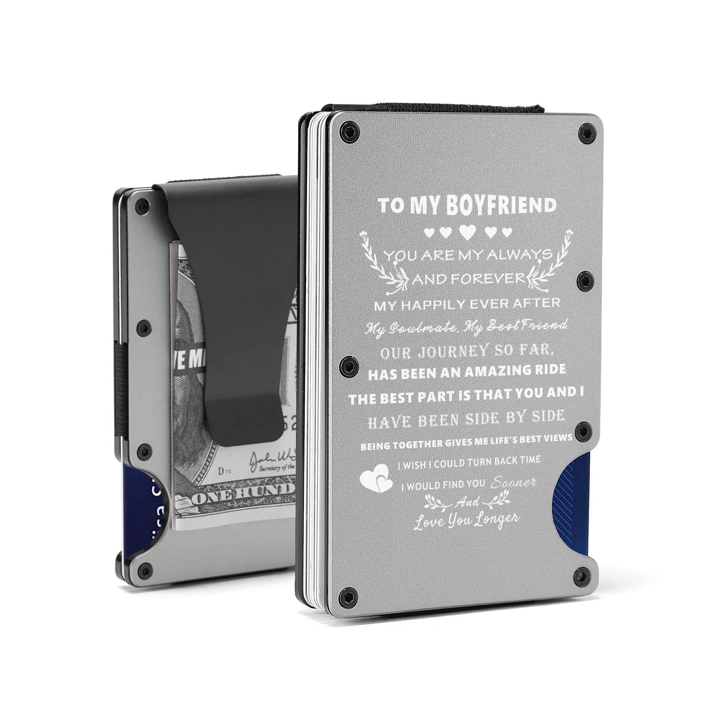 FDKOBE Personalized Gift for Men | Custom Engraved Metal Wallet for Dad Son Husband Boyfriend | Minimalist Aluminum Card Holder with Money Clip | Anniversary Valentines Christmas Birthday Fathers Day