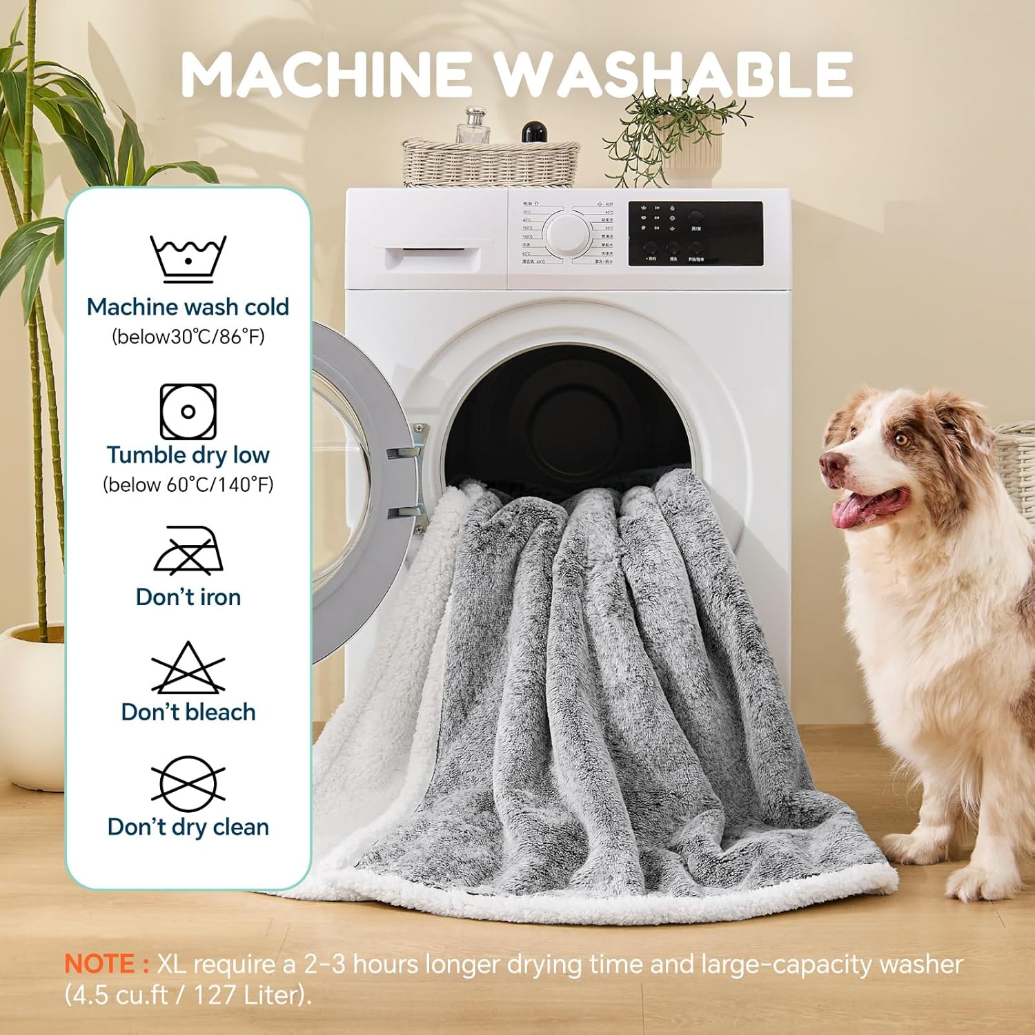 Waterproof Dog Blankets for Large Dogs, Reversible Faux Fur & Sherpa Washable Pet Blanket, Soft Pet Throw for Couch Bed Protection, 60"x80", Black