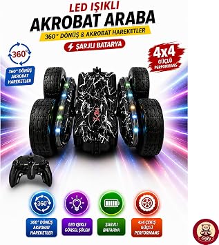Oyuncak LED Işıklı 360° Akrobat Uzaktan Kumandalı Araba Şarjlı 4x4 Off Road Dublör Oyuncak Araba (Siyah)