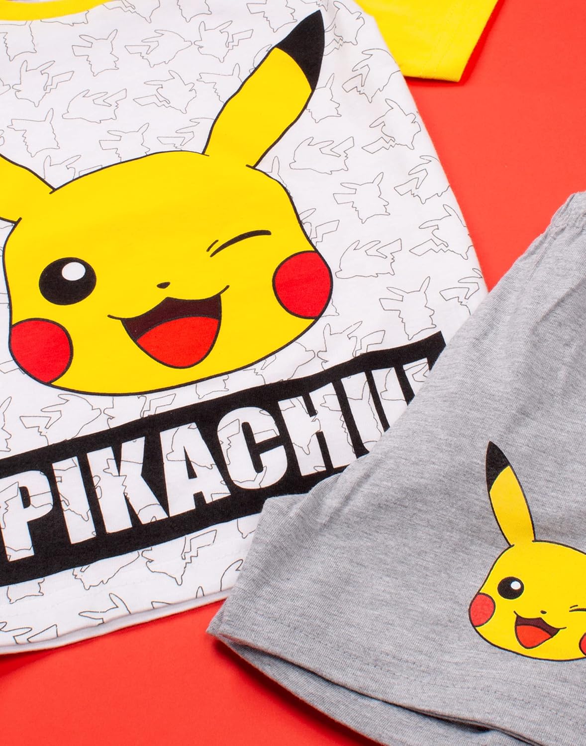 Pokemon Pikachu Face Grey Yellow Boy's Kids Short Pajamas Nightwear Set