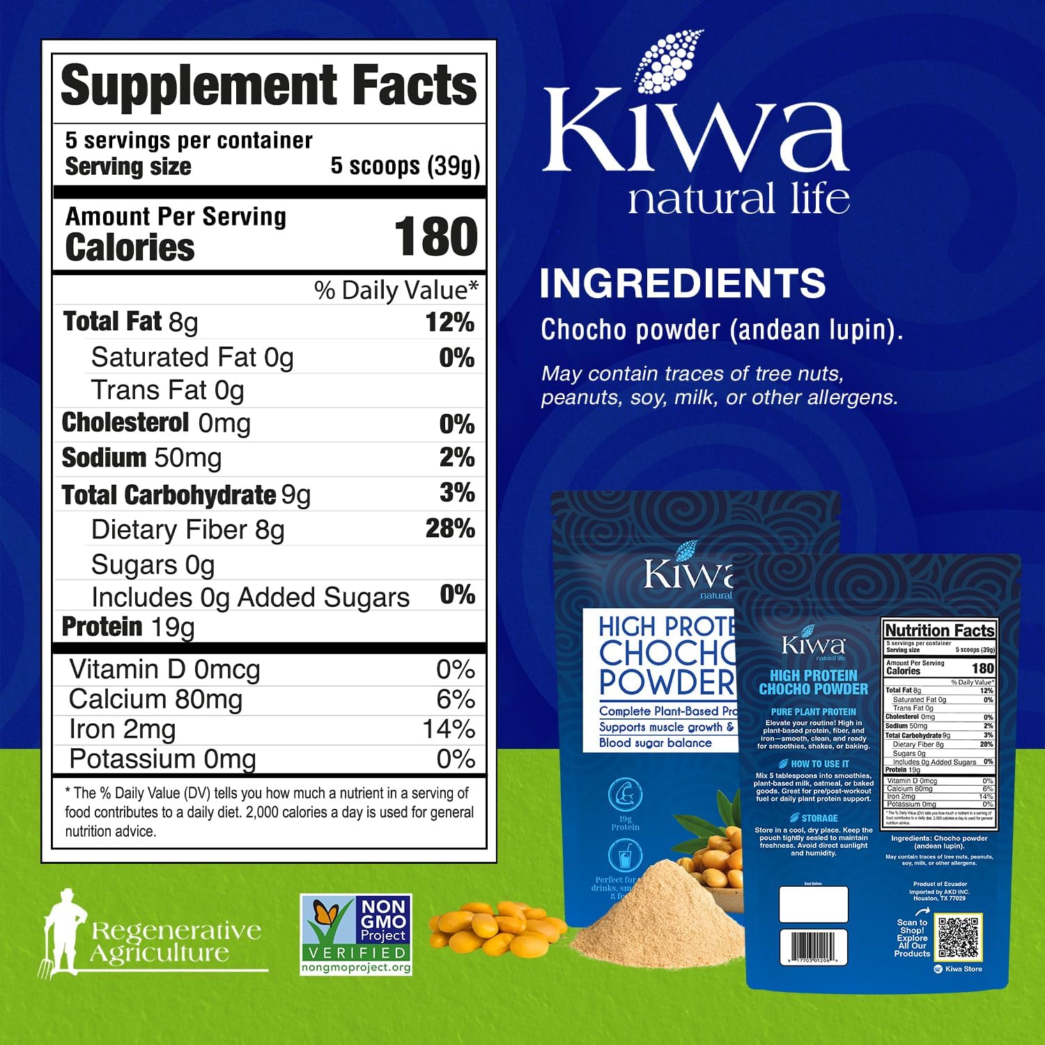Kiwa Chocho Powder 2-Pack – Complete Plant-Based Protein from Andean Lupin – Supports Muscle Growth, Recovery & Blood Sugar Balance – 7oz Bags