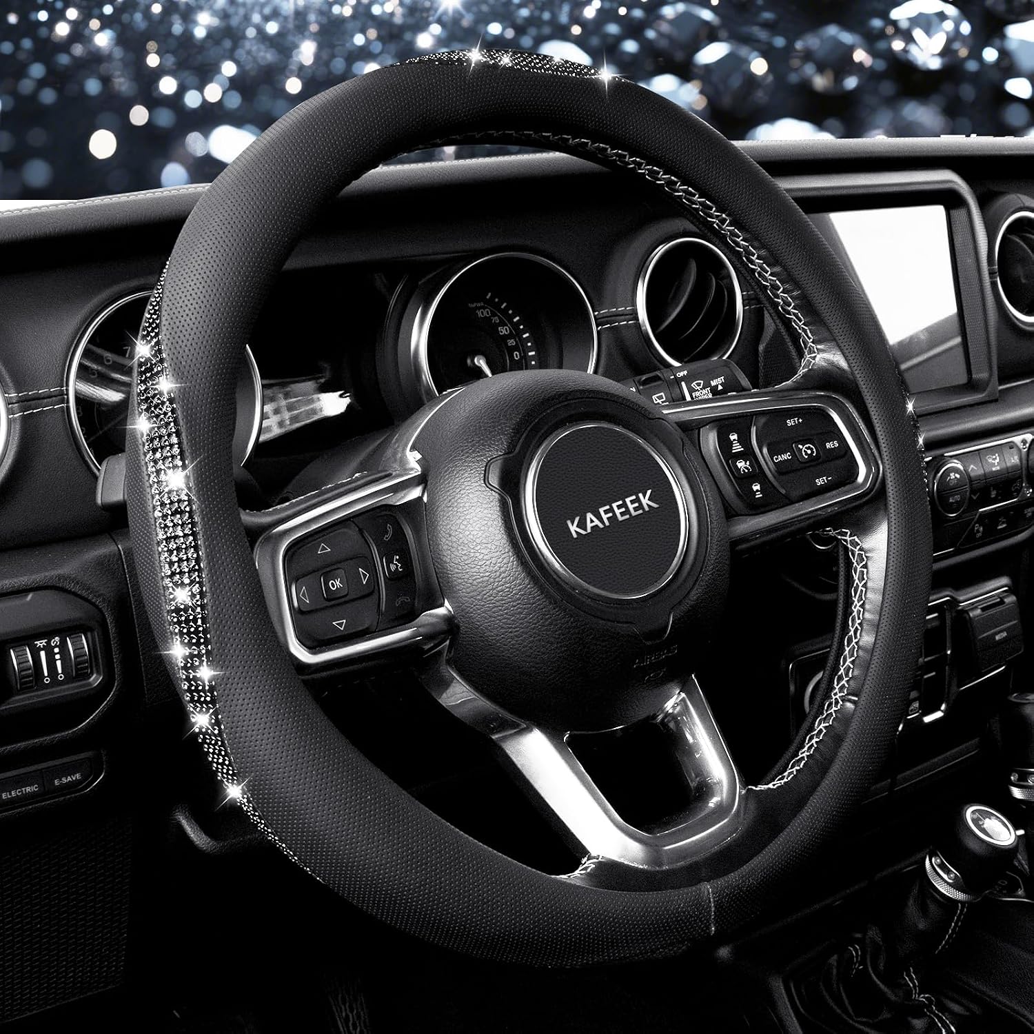 KAFEEK Diamond Soft Leather Steering Wheel Cover with Bling Bling Crystal Rhinestones, Universal 15 inch, Pure White