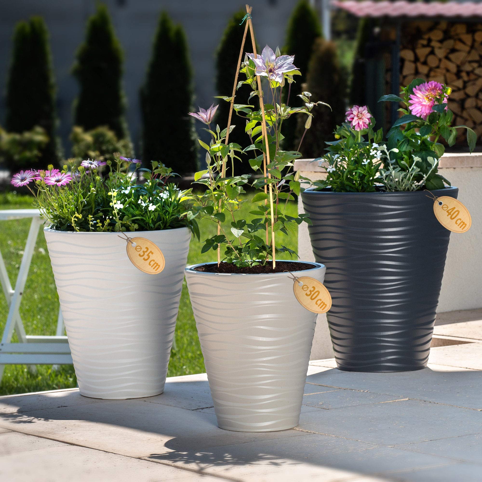 KADAX Maceta redonda para interior y exterior, de plástico, resistente a la intemperie, para casa, jardín, balcón (40 cm de diámetro, color blanco)