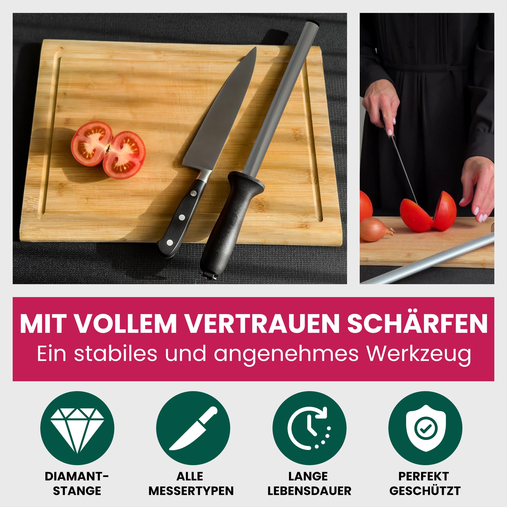 Messerschärfer Diamant 25cm – Profi Wetzstahl für Messer & Küchenmesser – Messerschleifer & Schleifstab mit Anti-Quetsch-Griff – Hochwertiger Edelstahl – Inkl. Reinigungsbürste