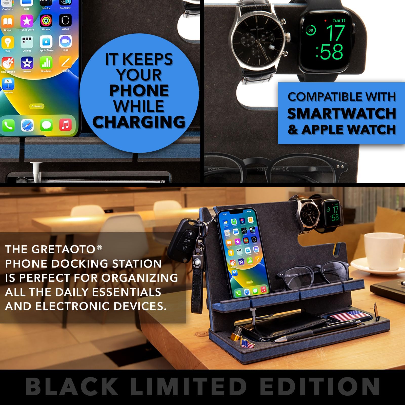 GRETAOTO Estación de Carga de Madera Personalizado para Movil, Tableta, Cartera, Gadgets, Reloj, Llaves, Organizador Escritorio,Soporte Escritorio de Trabajo, Mesita de Noche, Regalos para Hombre