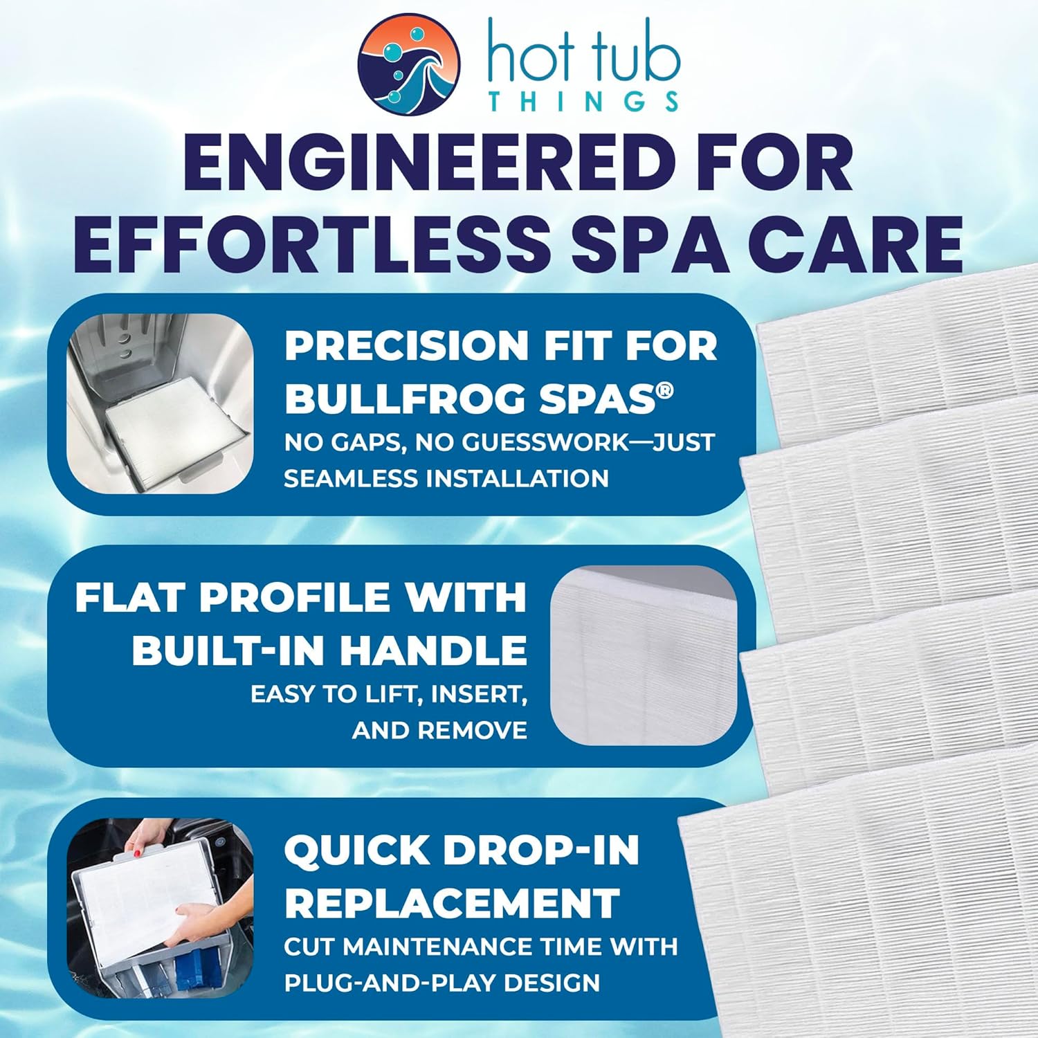 Hot Tub Flat Filters Replacement for Bullfrog Spas® 10-00814 (4 Pack) - Optimal Filtration, Cleaning Efficiency, Strong Water Flow and Reduce Pump Strain - Plastic-Free Spa Pool Filter