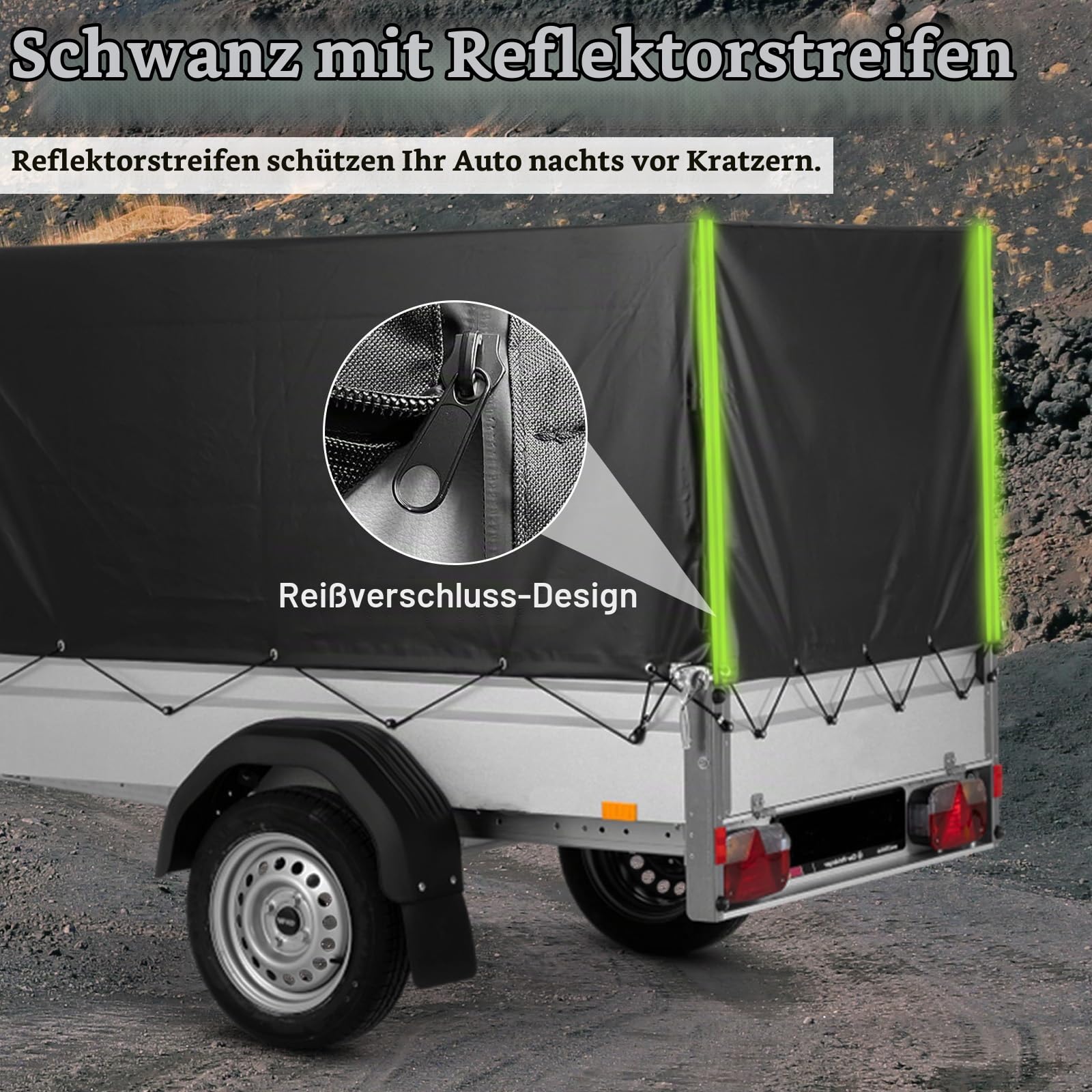 Anhängerplane 210x114x90cm, 420D PVC Material Anhänger Plane mit ösen und planenseil Reflexstreifen Verstärktes Ösen Wasserdicht Sonnenschutz Abdeckung Abdeckplane Gewebeplane für PKW Anhänger