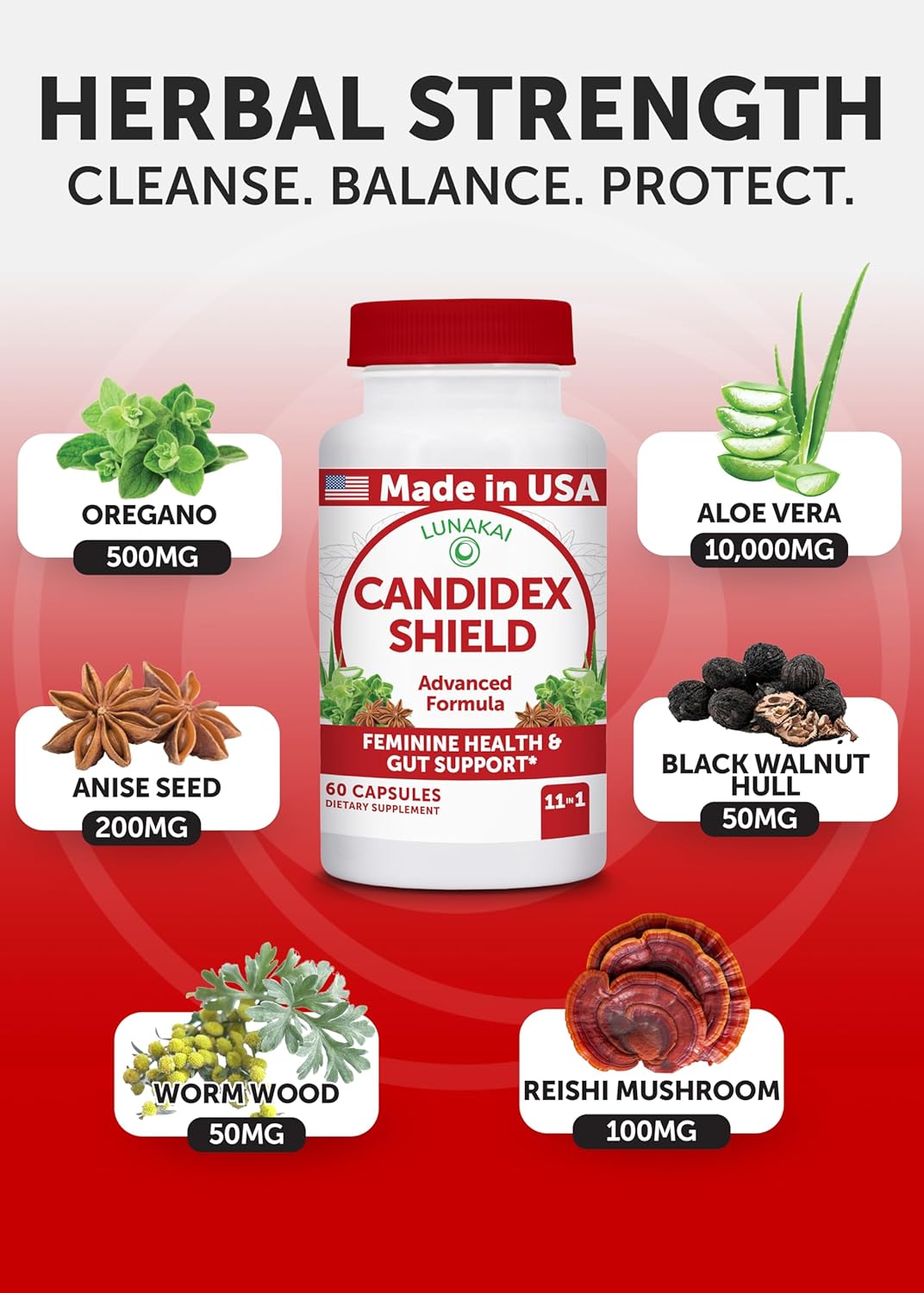 Lunakai USA Manufactured Candida Cleanse Detox for Women & Men – 11-in-1 Gut Cleanse & Candida Support with Caprylic Acid for Daily Yeast Balance, 60ct - Image 3