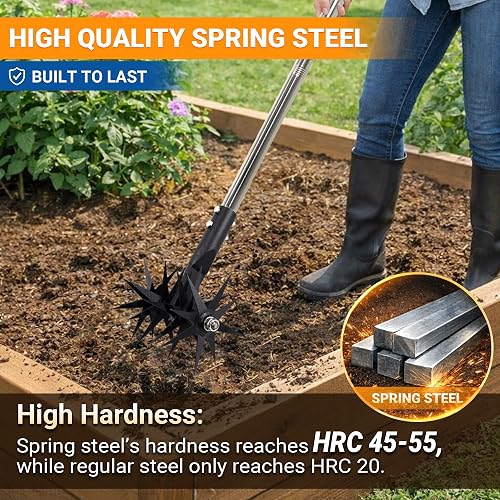 CKLT Cultivateur rotatif de 167,6 cm avec dents en acier à ressort et poignée réglable en acier inoxydable, outil manuel pour ameublir l'engrais de mélange de sol - 2