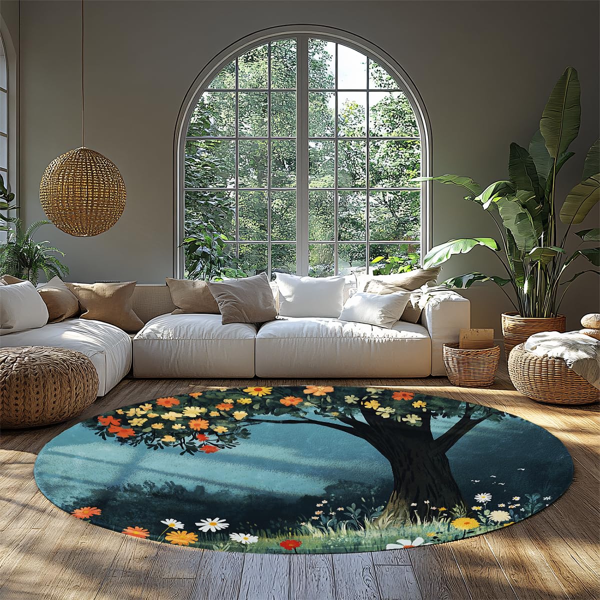 Tapis rond antidérapant et mince lavable bleu vert de 150cm