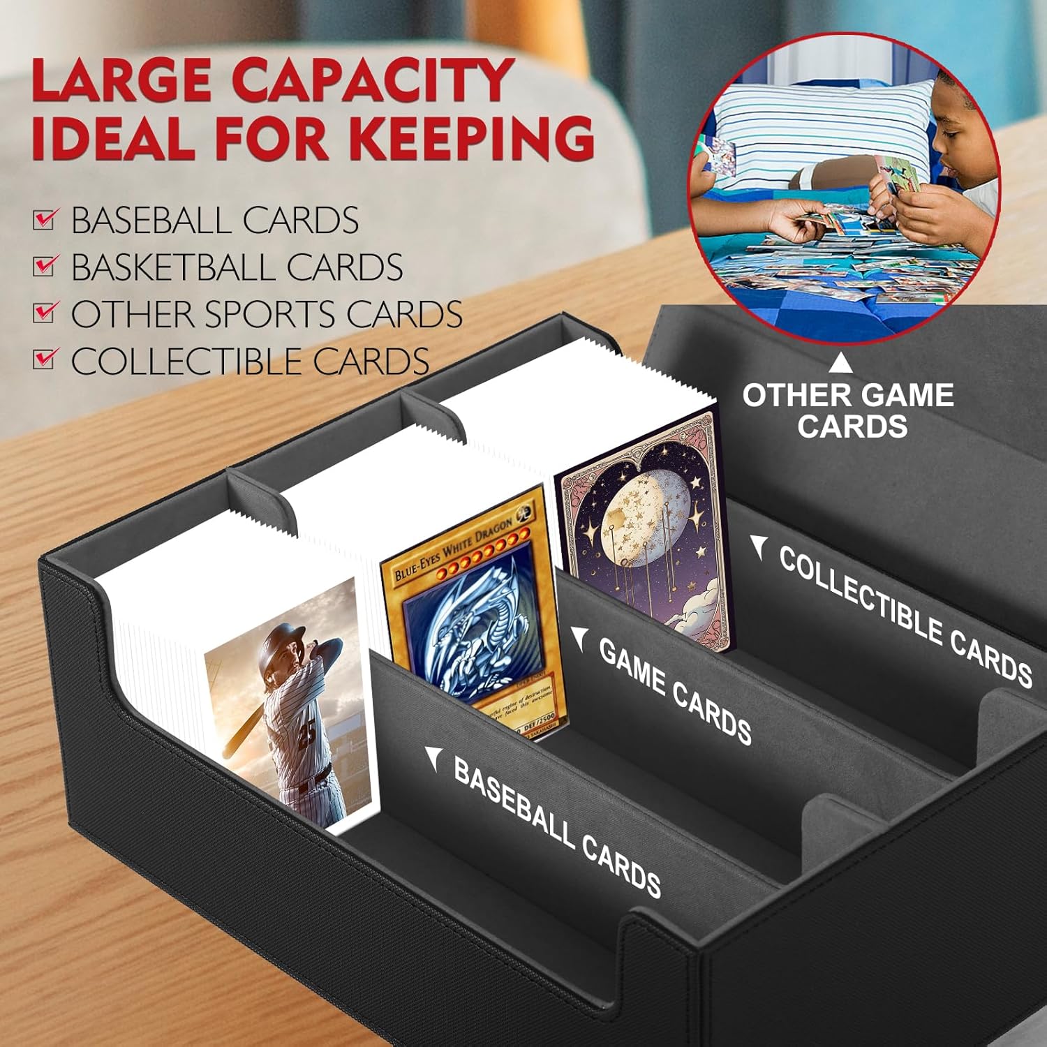 1800+ Card Deck Case – PU Leather Trading Cards Holder Microfiber Lined MTG Deck Box for Yugioh Booster Boxes, Baseball, MTG Bloomburrow – Large MTG Storage Deck Box (Black/Grey)