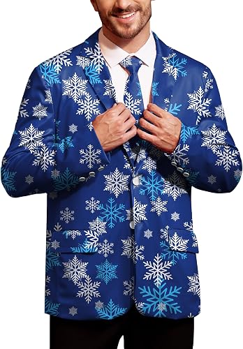 Man Christmas Suit Novelty Xmas Snowflake Blazer Blue Ugly 3D Printed Jacket wit