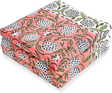 Ridhi Dark Salmon Pink Hand Block Print Waffle Kitchen Towel Set of 3-16 x28 Ultra Absorbent Quick Dry 100% Cotton Dish Towels Lightweight Reusable Sustainable Tea Towels for Cleaning and Drying