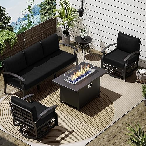 Patio Furniture Set 5-Piece Aluminum Armrest Sofa, Modern Outdoor Living Room Set with 55000 BTU Propane Aluminum Fireplace, Outdoor Rotary Joystick with Thick Cushion