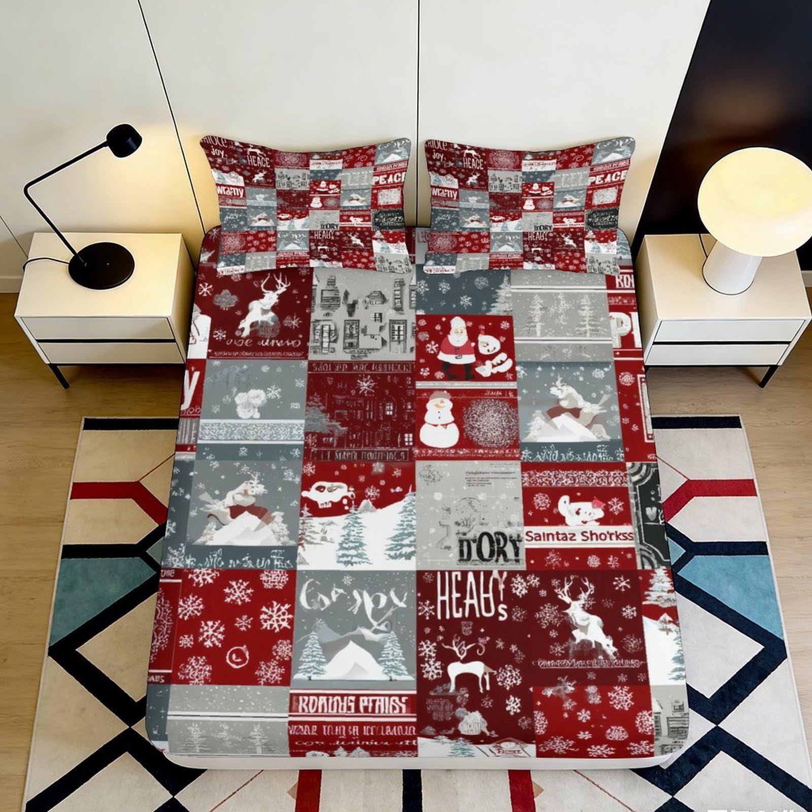 3D Printed Christmas Patchwork Fitted Sheet Microfiber Deep Pocket Bedding, Non-Slip Festive Mattress Fitted Cover for Adults Teens 140x200x25cm