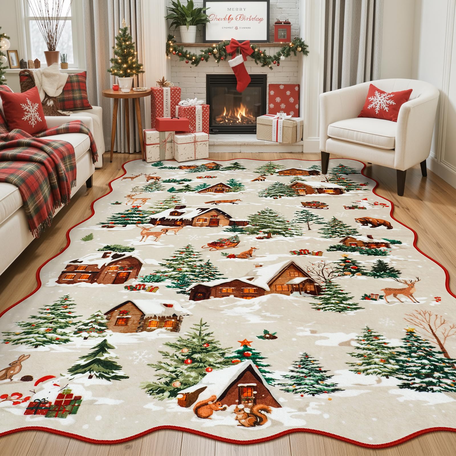 LIVEBOX Christmas Rug Washable 5x7 Area Rugs, Beige Rug for Living Room, Xmas Chrisrmas Tree Rugs for Bedroom, Scalloped Non Slip Boho Carpet for Dining Room, Indoor Door Mat Office Holiday Decor