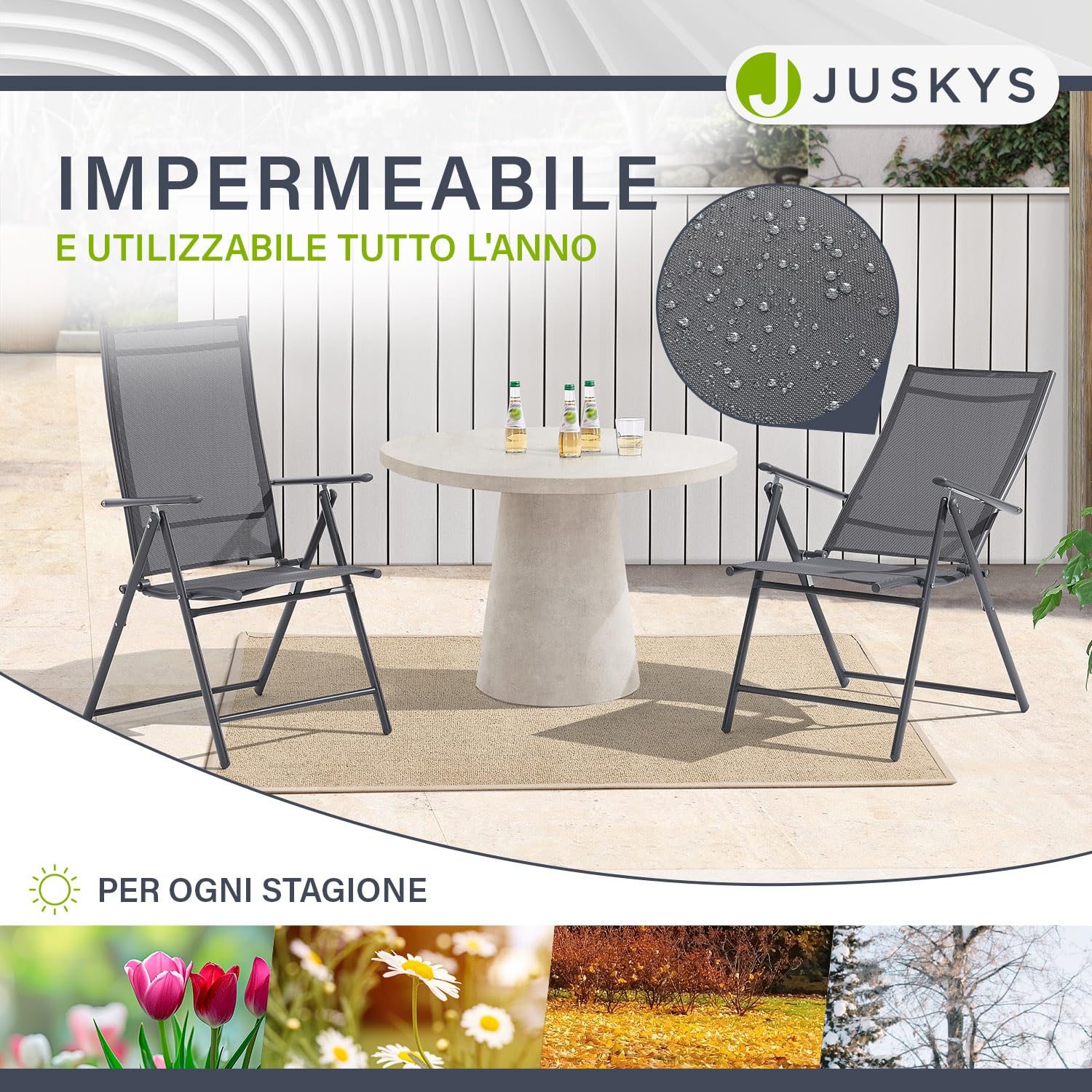 Juskys Sedie da giardino Calena set 4 pezzi antracite – Schienale regolabile in 7 posizioni – pieghevoli con struttura in acciaio e tessuto traspirante
