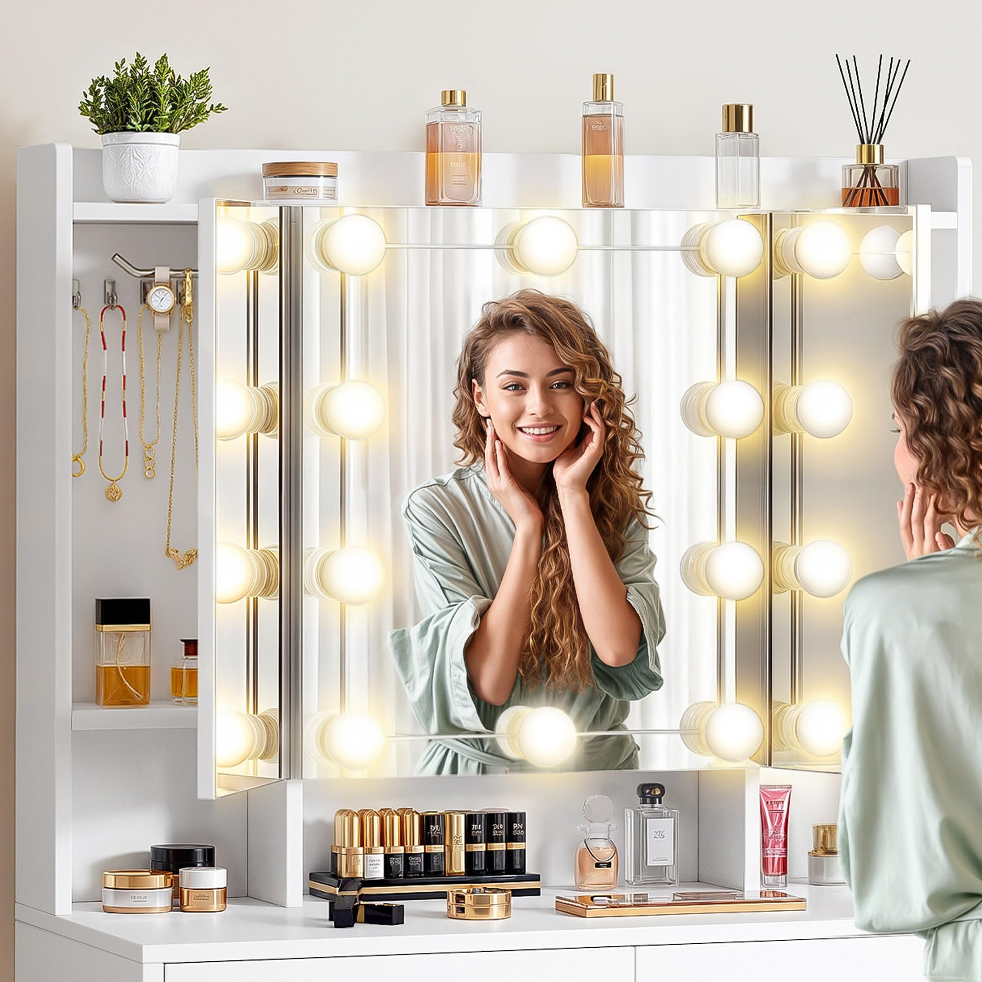 Toeletta Da Trucco Con Luci LED Hollywood - Cassetto, Mensole, USB E Presa, Bianco Moderno - Foto 10