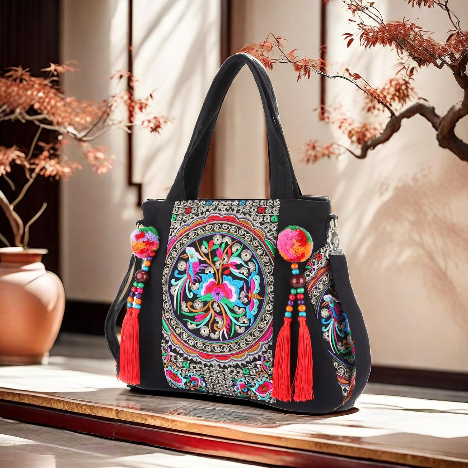 Embroidered Tassels Tote Shoulder Bag Casual Canvas Handbag Cross Body Bag One_Size - Image 3