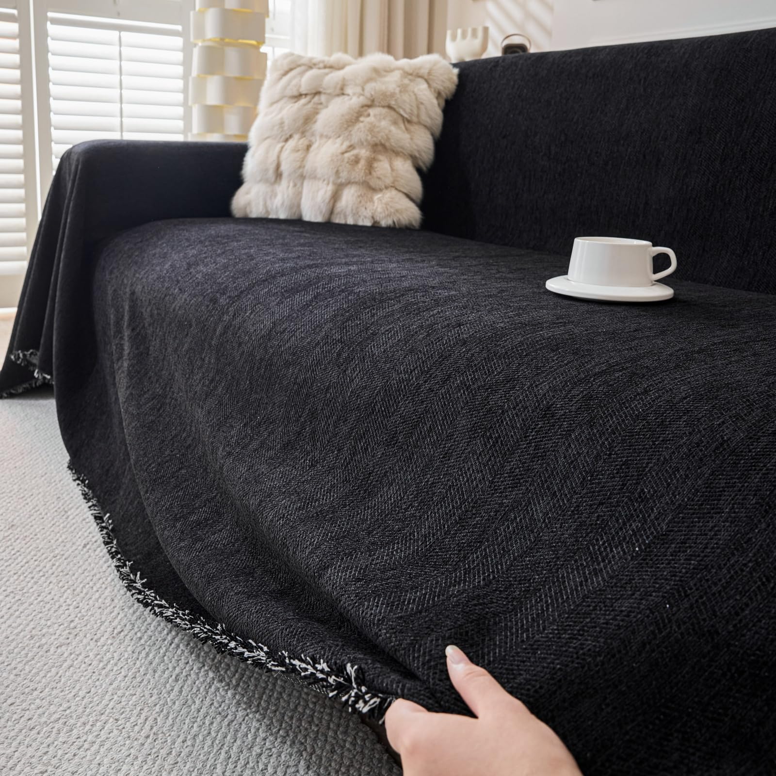 TAOTAOGO Sofa Cover 2 3 Seater Chenille Corner Sofa Slipcover Washable L Shape Sectional Couch Cover Furniture Protector for Pet All-Season B Herringbone Black 180x300cm — image 1