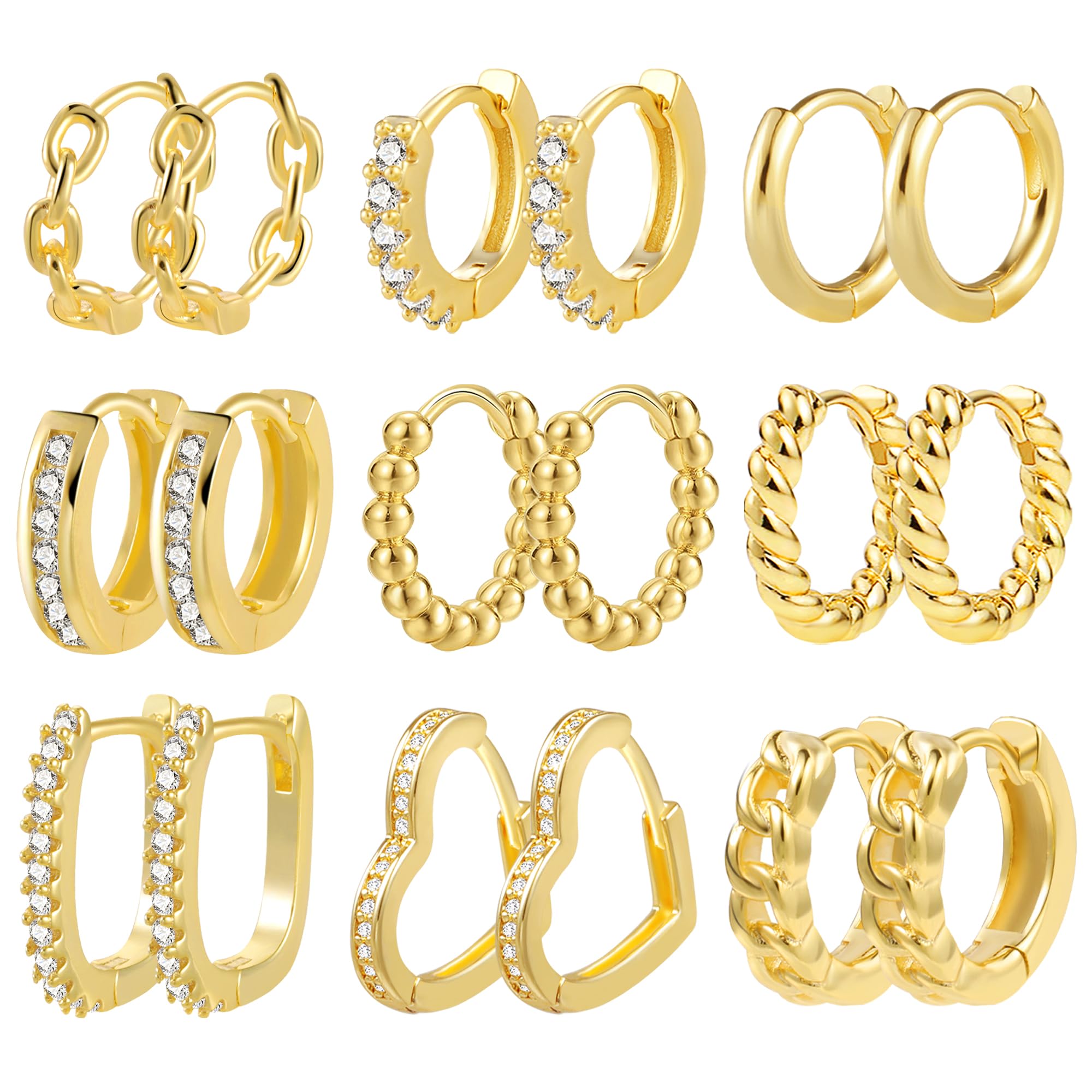 ALEXCRAFT Piccoli Orecchini a Cerchio, Orecchini Per Polsini Auricolari Da Donna, Orecchini a Cerchio Intrecciati Da Donna, Orecchini a Cerchio Spessi Vintage Ipoallergenici In Oro e Argento (9 Paia)