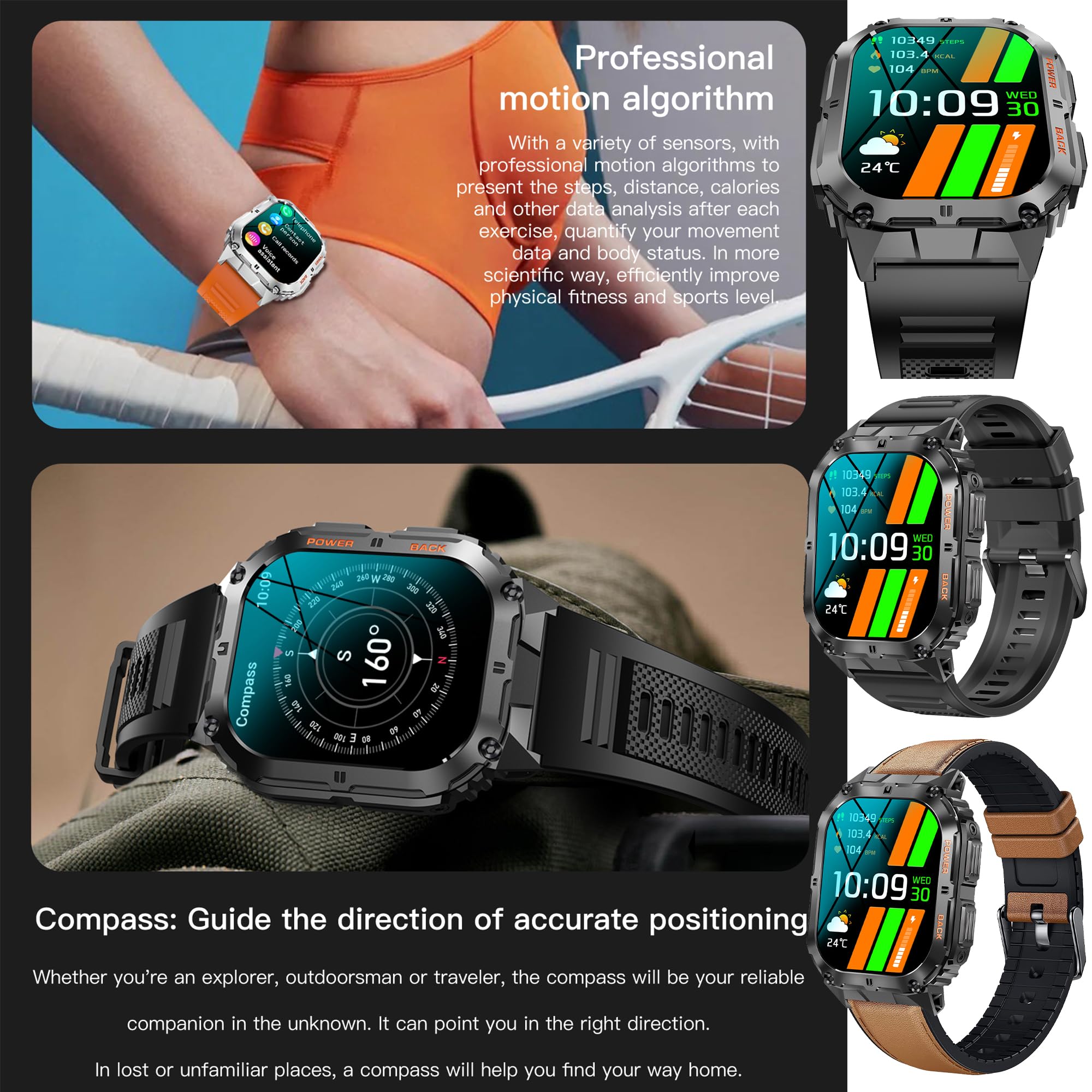 AMOLED smartwatch męski 1,96" z funkcją telefonu, wodoszczelność IP68, zegarek sportowy z 100+ trybami sportowymi, pomiar ciśnienia krwi, SpO2, tętno, krokomierz, wojskowy zegarek fitness do iOS
