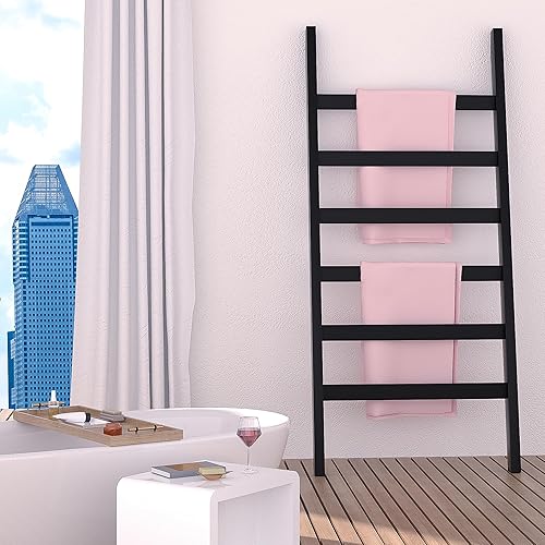 Miniatura 7 de Escalera de bambú para mantas, soporte para mantas de 6 niveles, estante de manta de 68.9 pulgadas de alto, estante de escalera contra la pared,