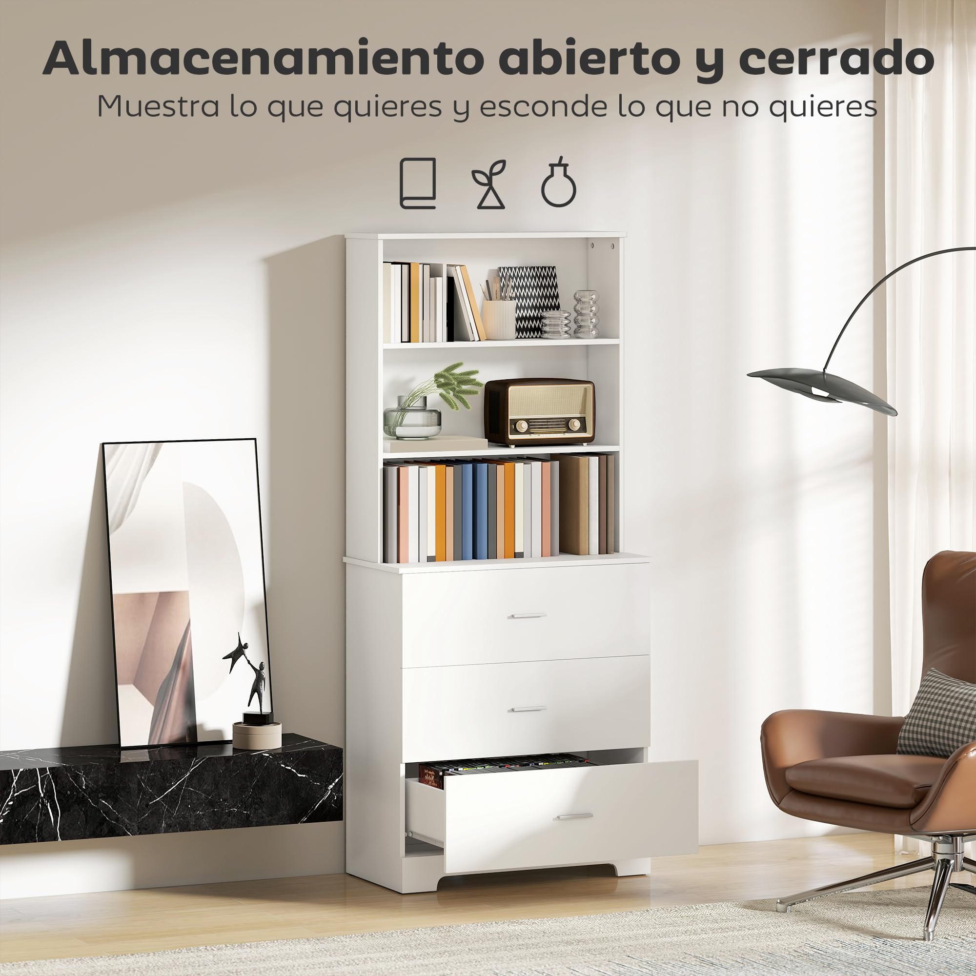 HOMCOM Estantería para Libros de 6 Niveles, 79x39,5x182,2 cm, Blanco | Librería con 3 Cajones, 3 Estantes Abiertos, Armario Alto, para Salón, Estudio, Oficina