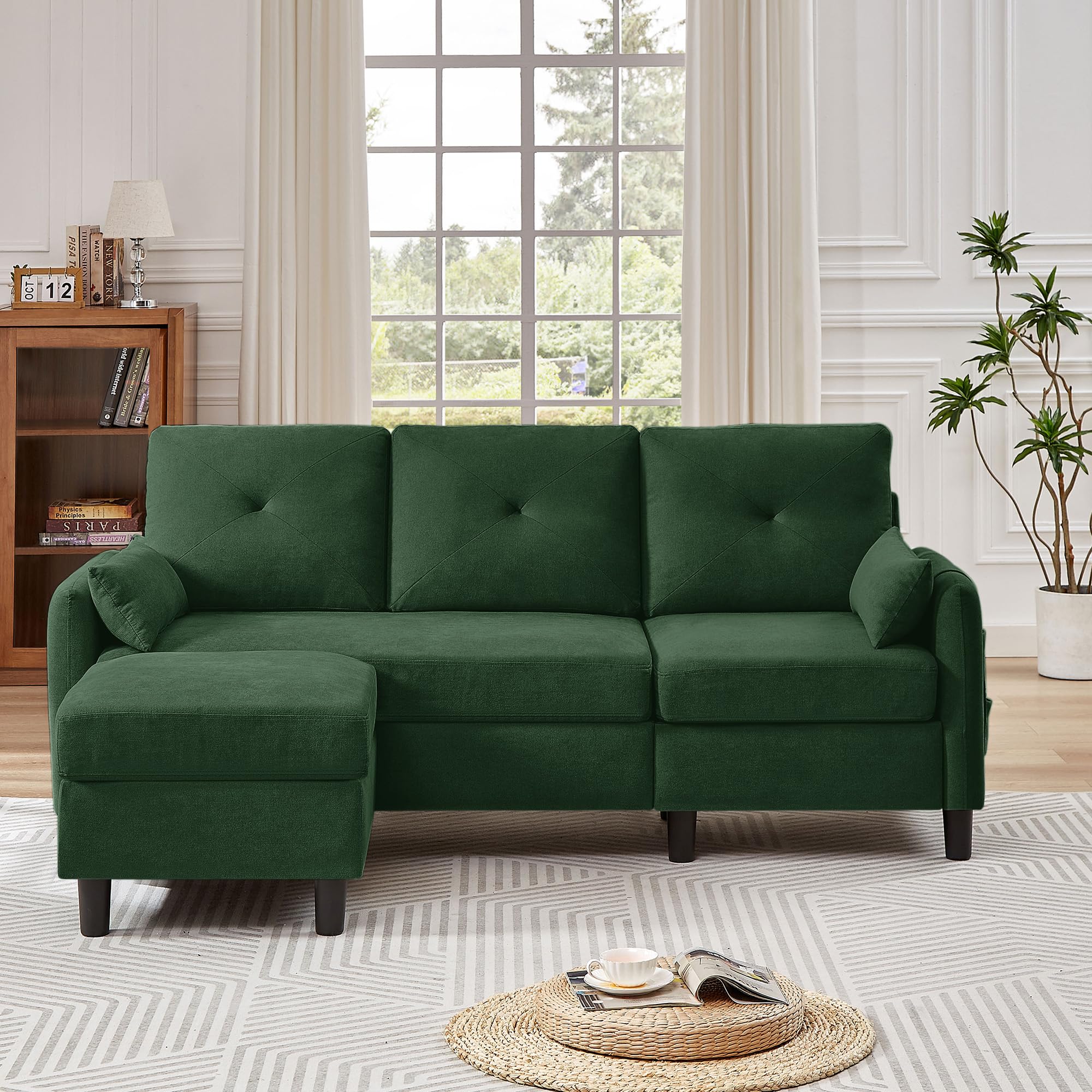 Pingliang HomeConvertible Sectional Sofa, Small L Shaped 3-Seat Couch with Reversible Chaise, Modern Linen Sofas Couches for Living Room, Apartment and Small Space (Green)